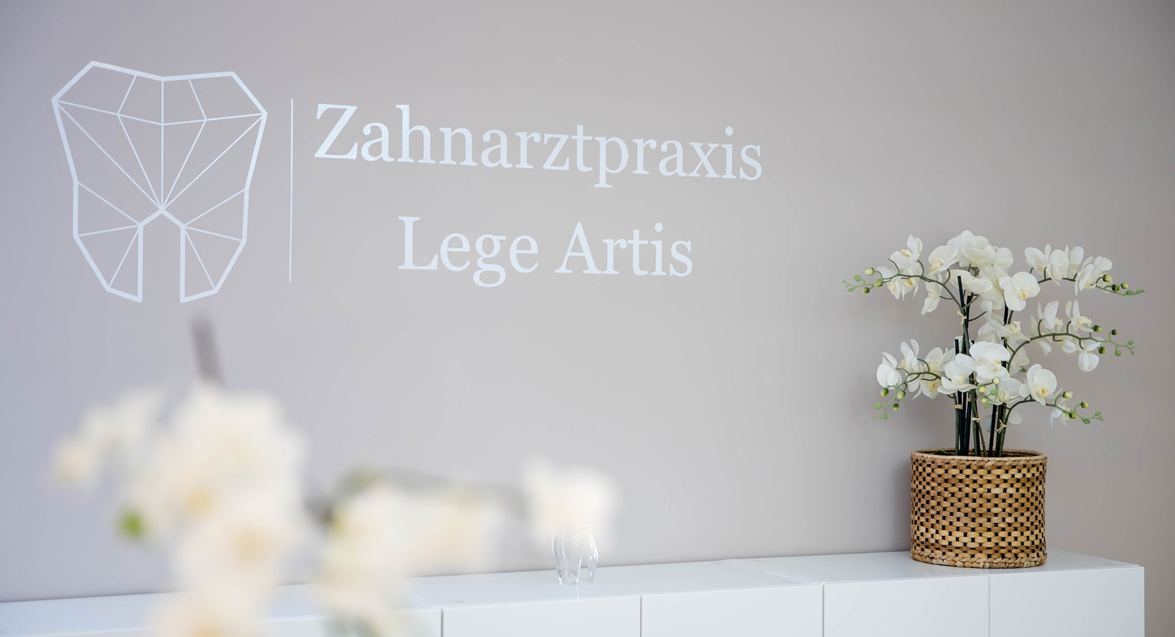 Minimalistisches Interieur der Zahnarztpraxis mit einem geometrischen Zahnlogo und dem Schriftzug Zahnarztpraxis Lege Artis an einer hellgrauen Wand, weißen Möbeln und einer weißen Orchideenpflanze auf einem Tresen.